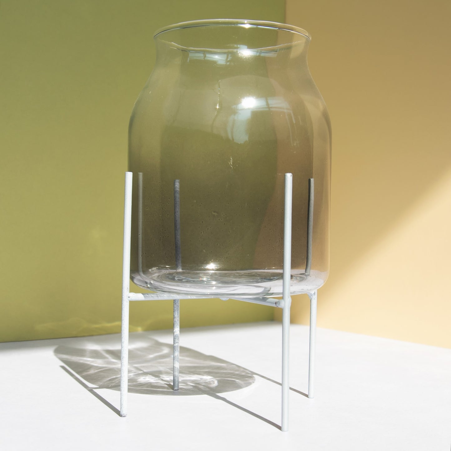 Smokey Grey Glass Vase on Metal Stand