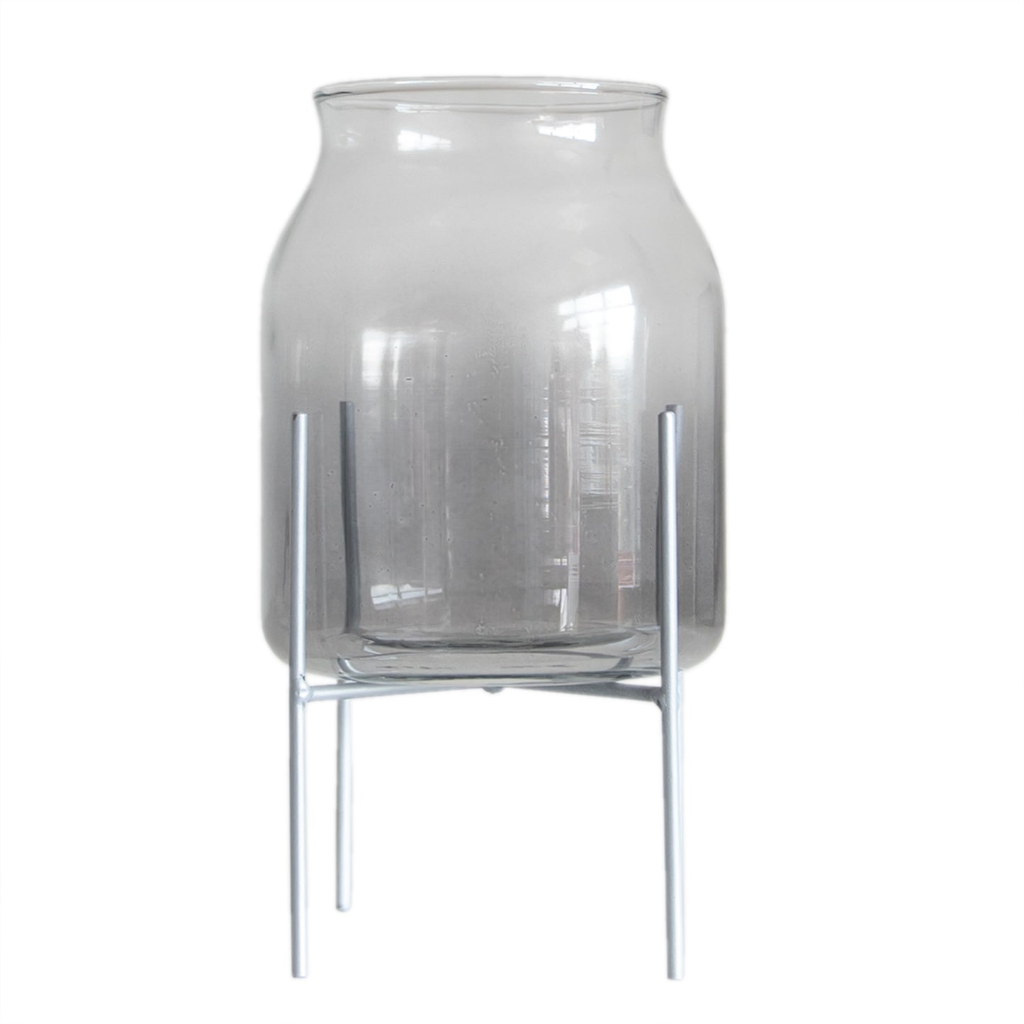 Smokey Grey Glass Vase on Metal Stand