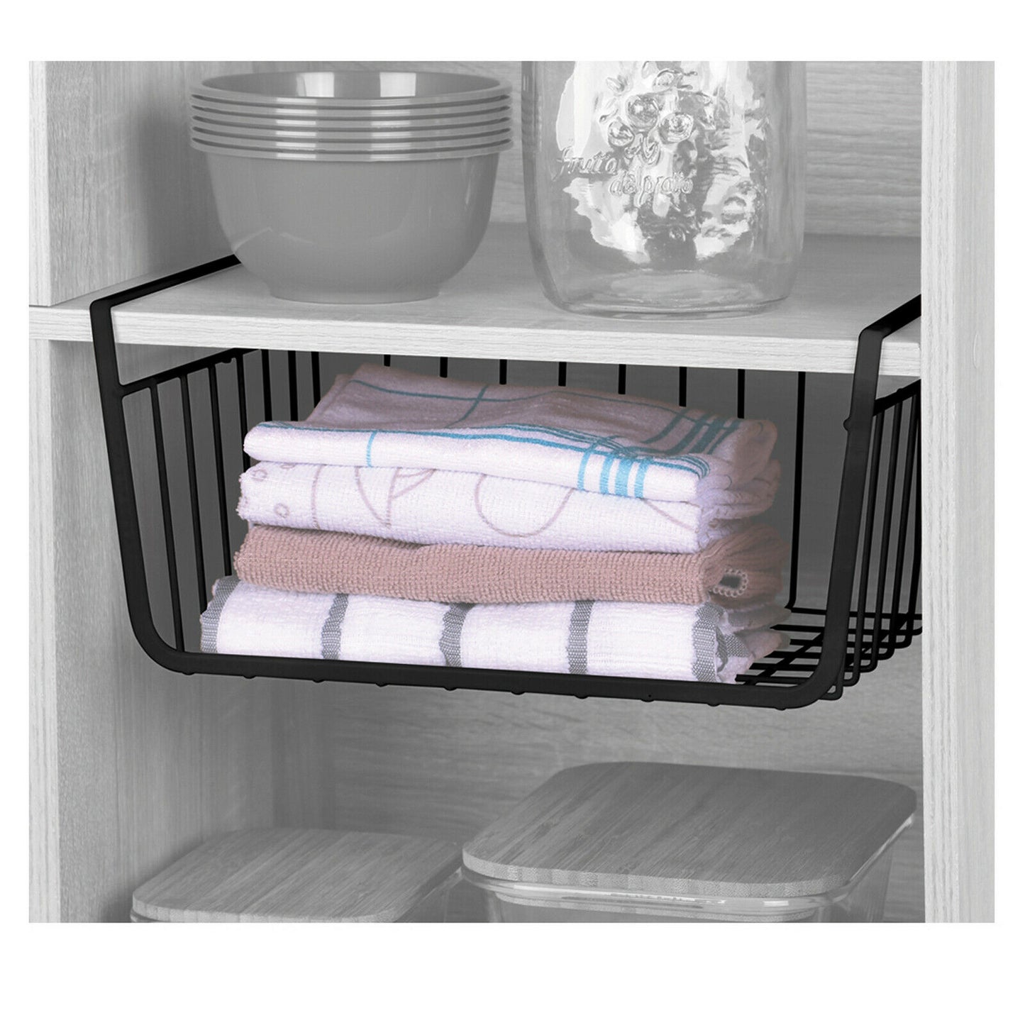 40cm Black Under Shelf Storage Basket Rack Kitchen Cleaning Cupboard Organiser