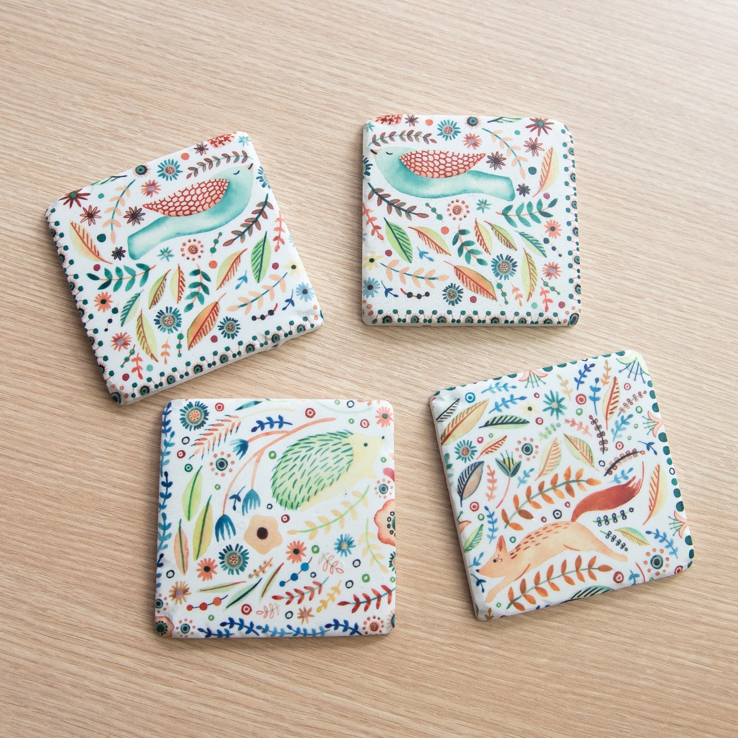 Pack of 4 Floral Woodland Animal Ceramic Coasters