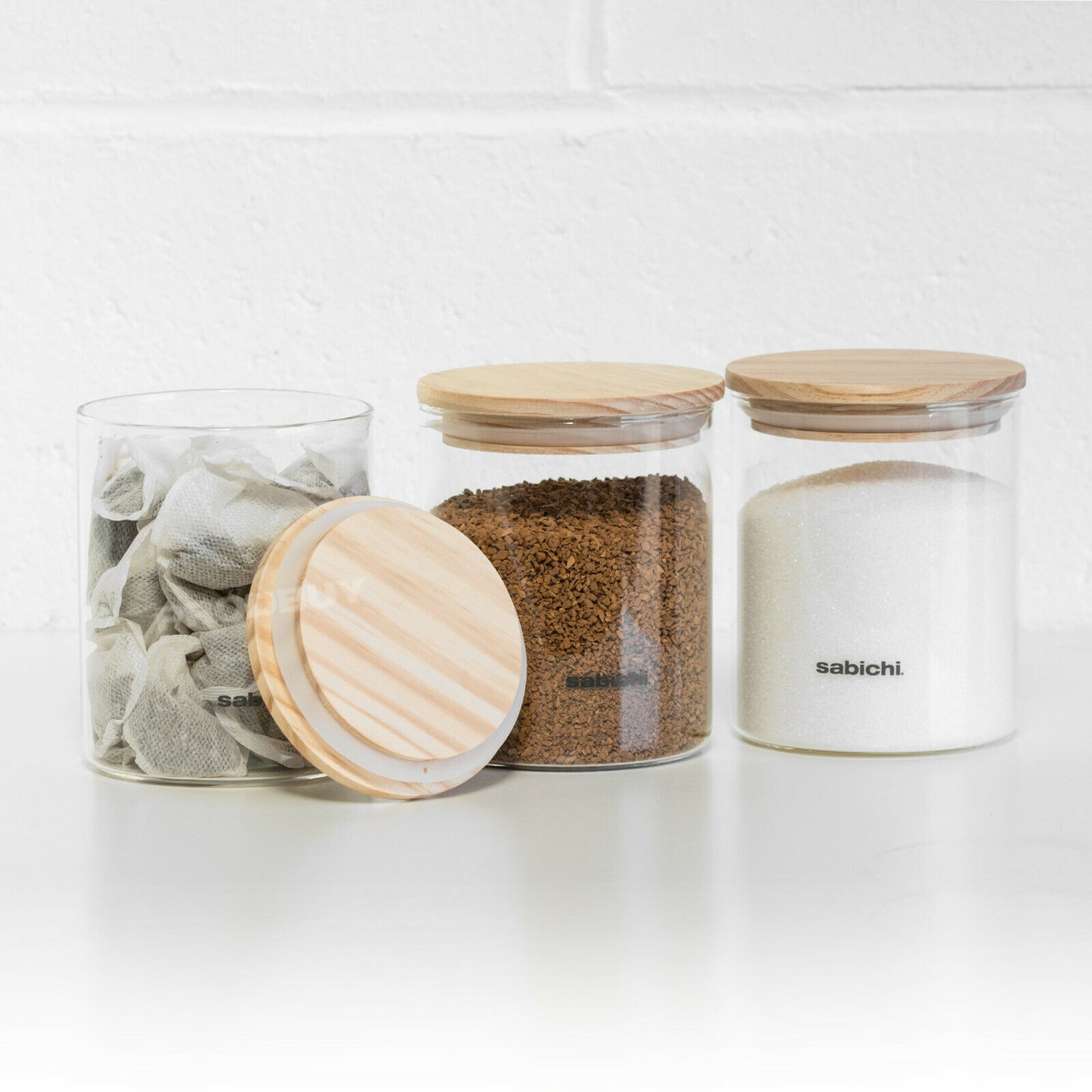 Set of 3 Glass Storage Jars with Wooden Lids 900ml