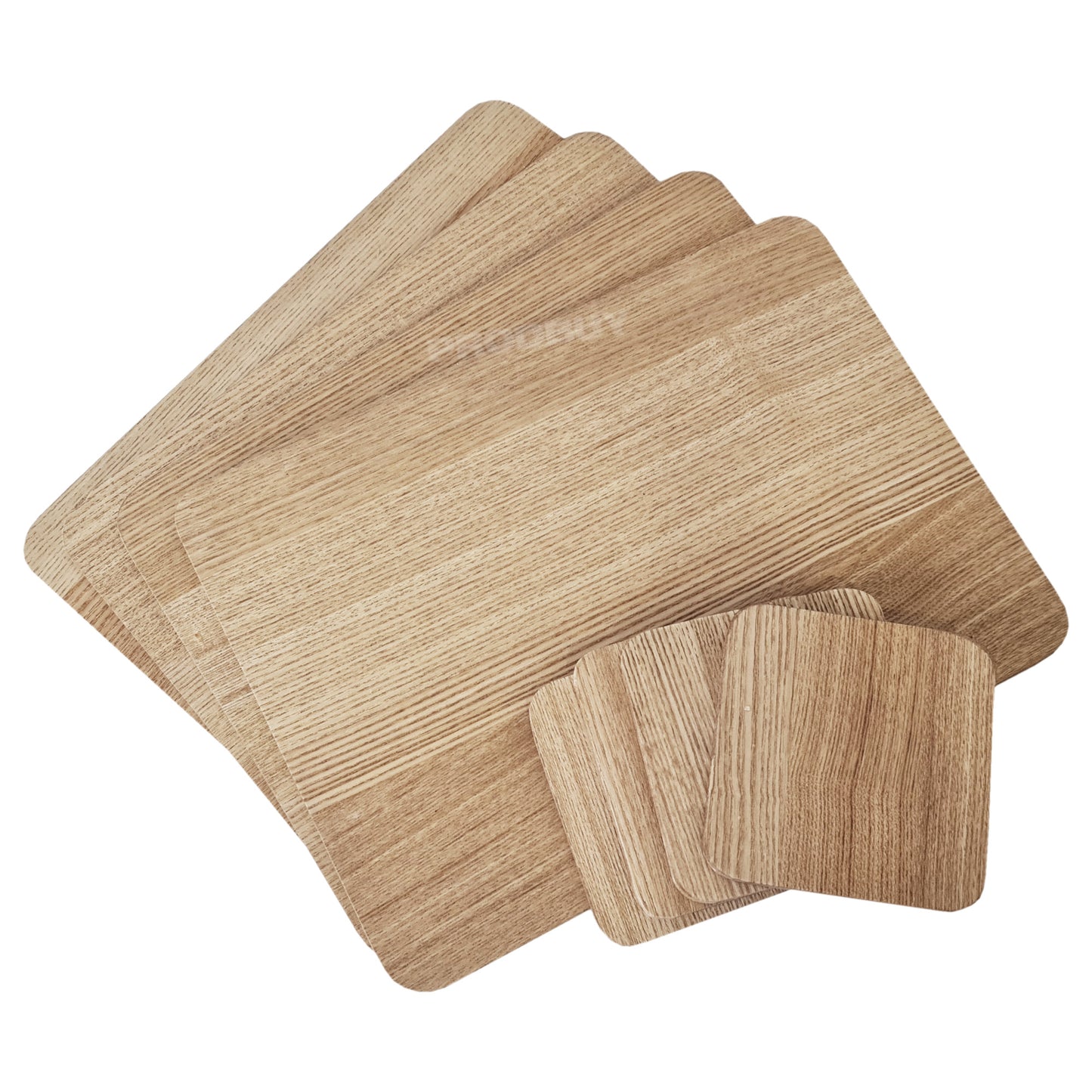 Set of 4 Placemats & 4 Coasters with Brown Wooden Oak Veneer