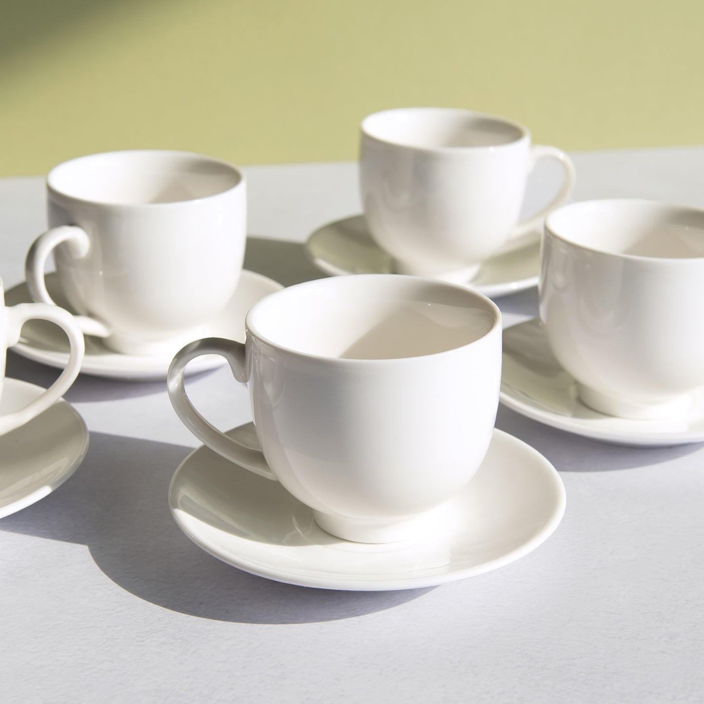 Set of 6 Glazed White Espresso Cups & Saucers