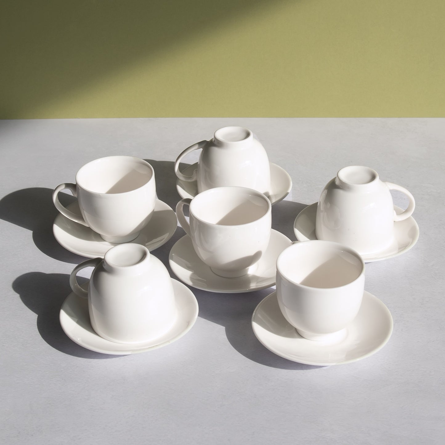 Set of 6 Glazed White Espresso Cups & Saucers