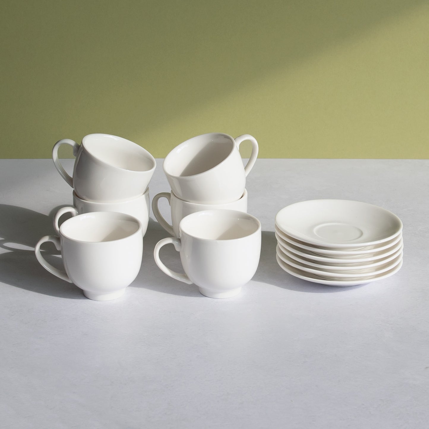 Set of 6 Glazed White Espresso Cups & Saucers
