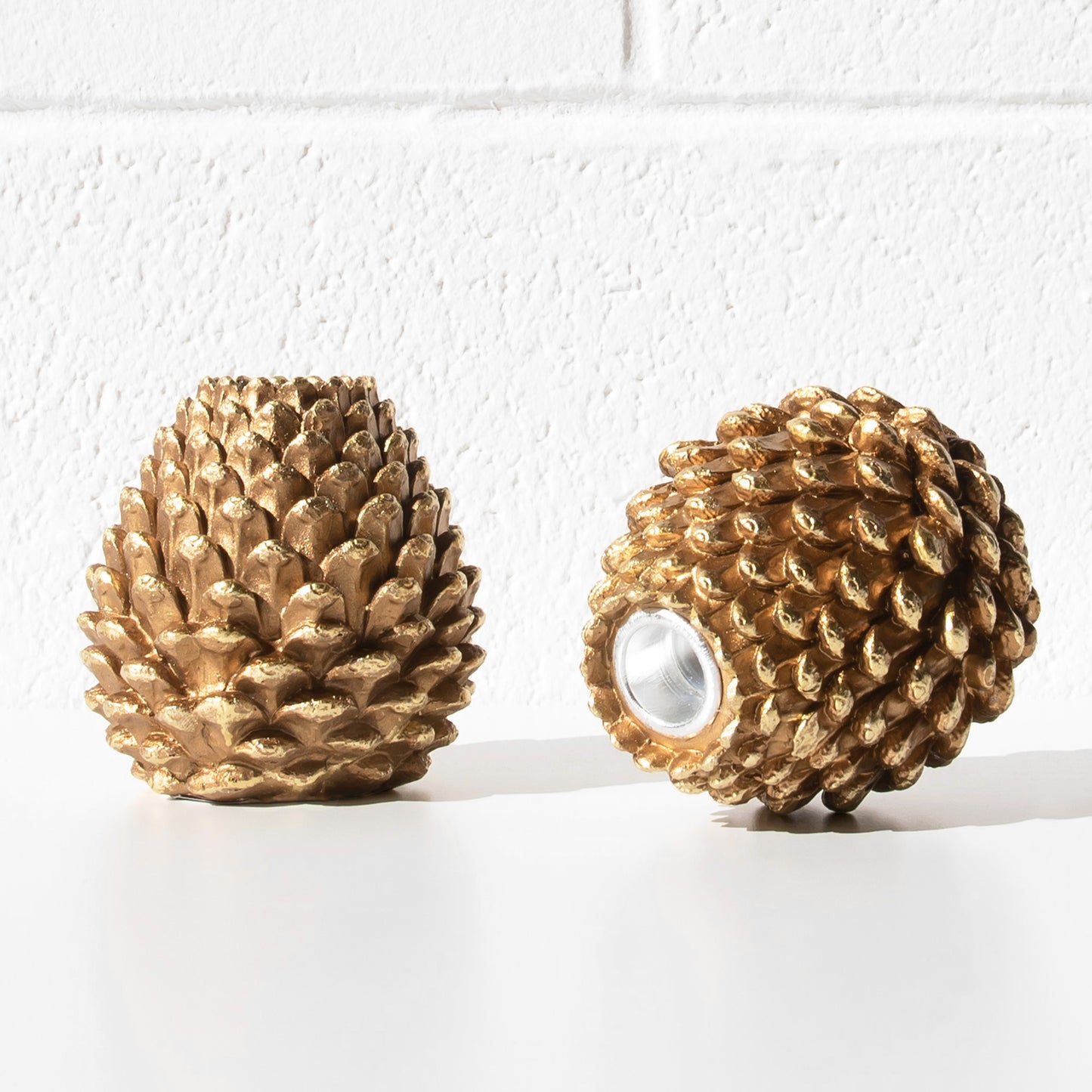 Set of 2 Gold Resin 10cm Pinecone Shaped Candlesticks
