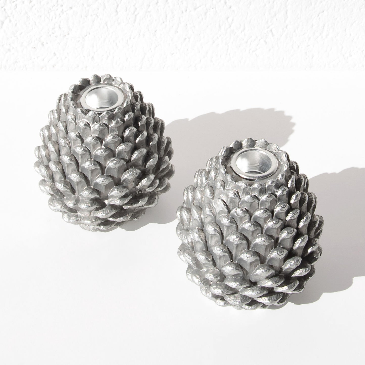 Set of 2 Silver Resin 10cm Pinecone Shaped Candlesticks