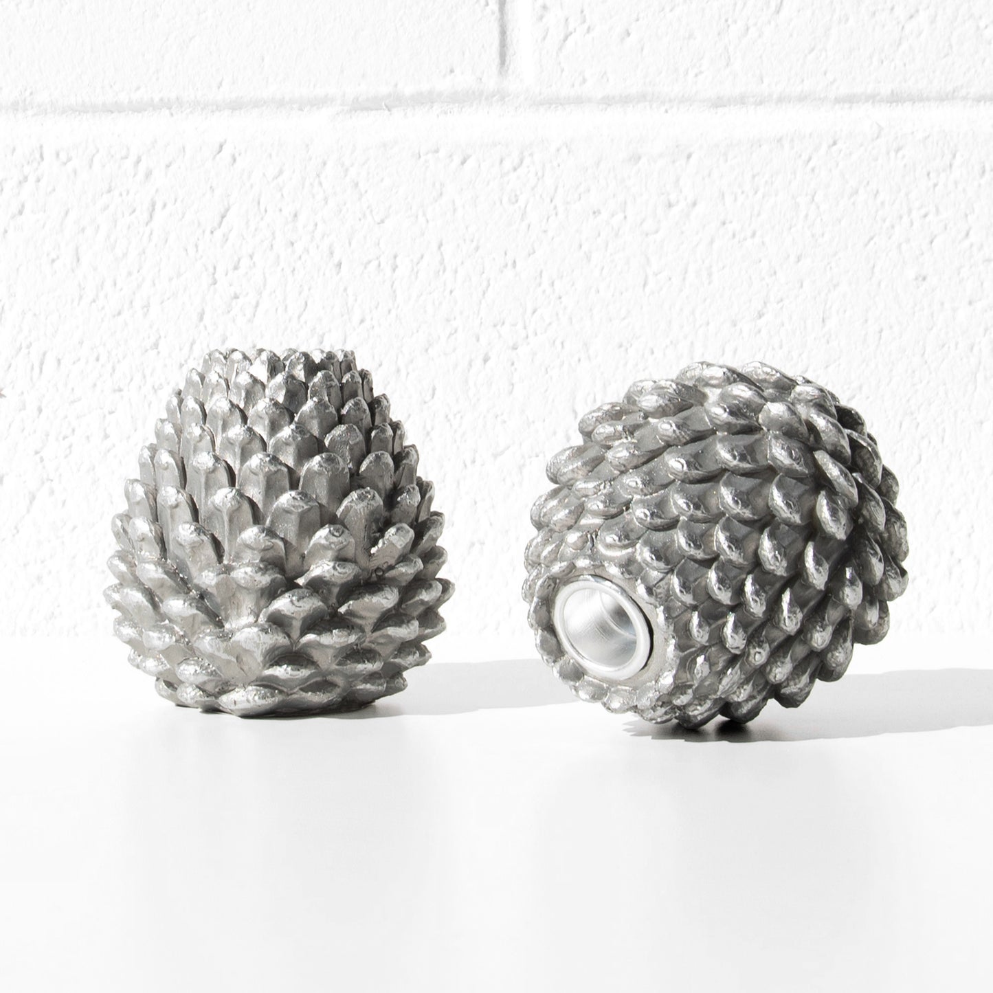 Set of 2 Silver Resin 10cm Pinecone Shaped Candlesticks