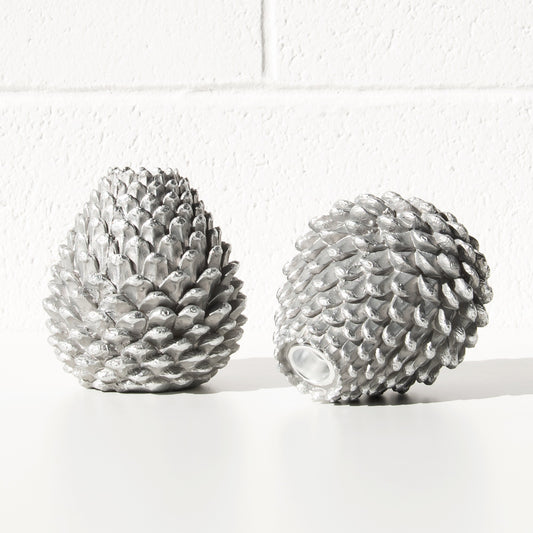 Set of 2 Silver Resin Pinecone Shaped Candlesticks