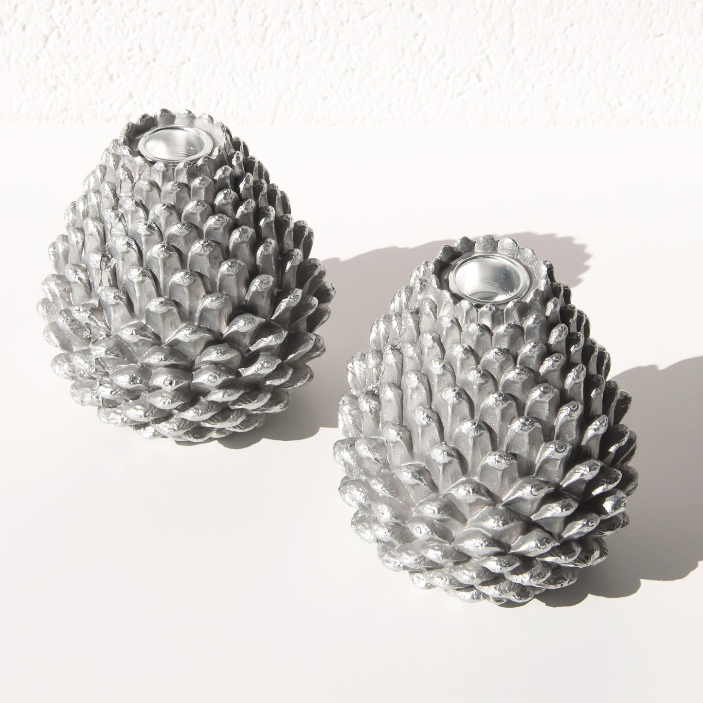 Set of 2 Silver Resin Pinecone Shaped Candlesticks