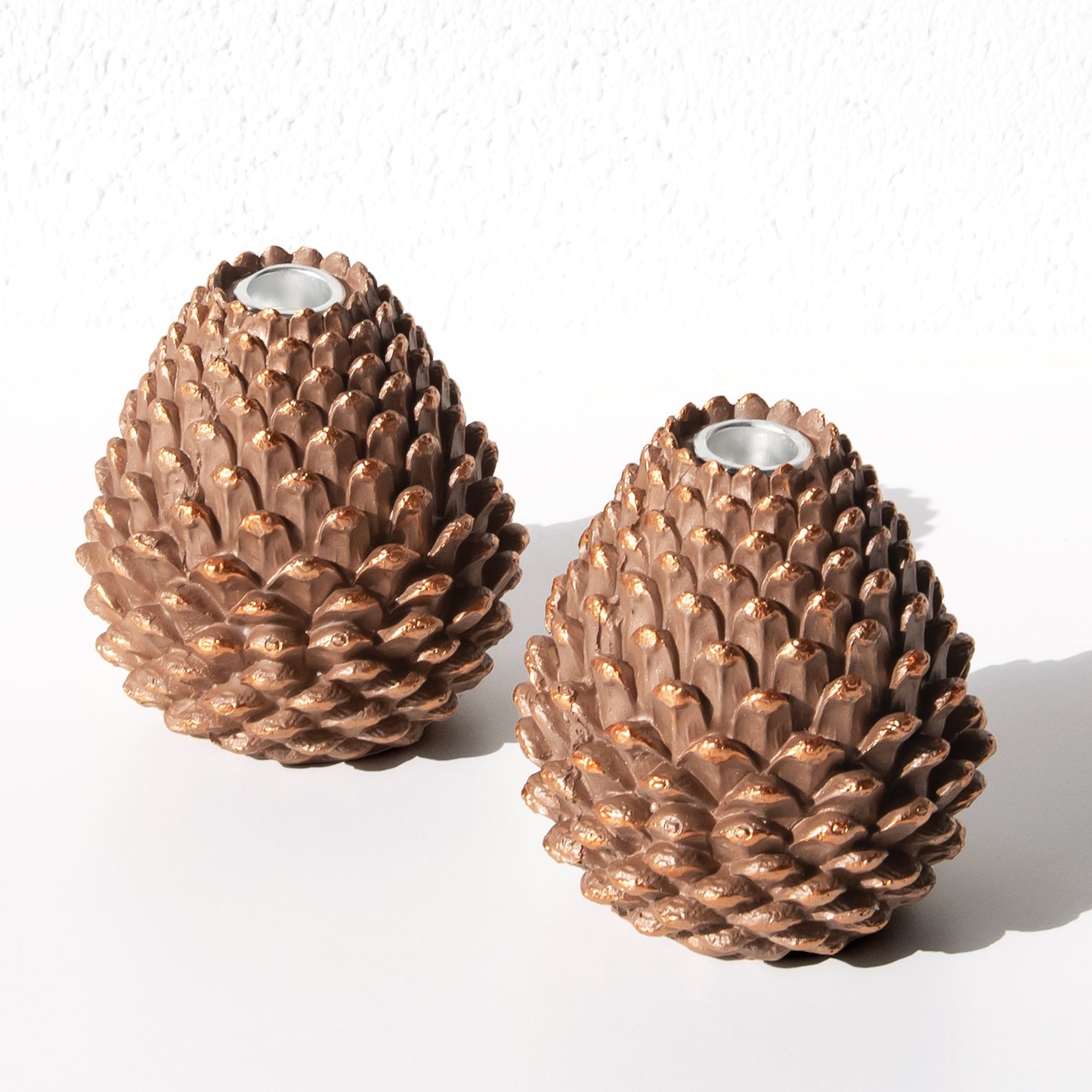 Set of 2 Copper Resin Pinecone Shaped Candlesticks