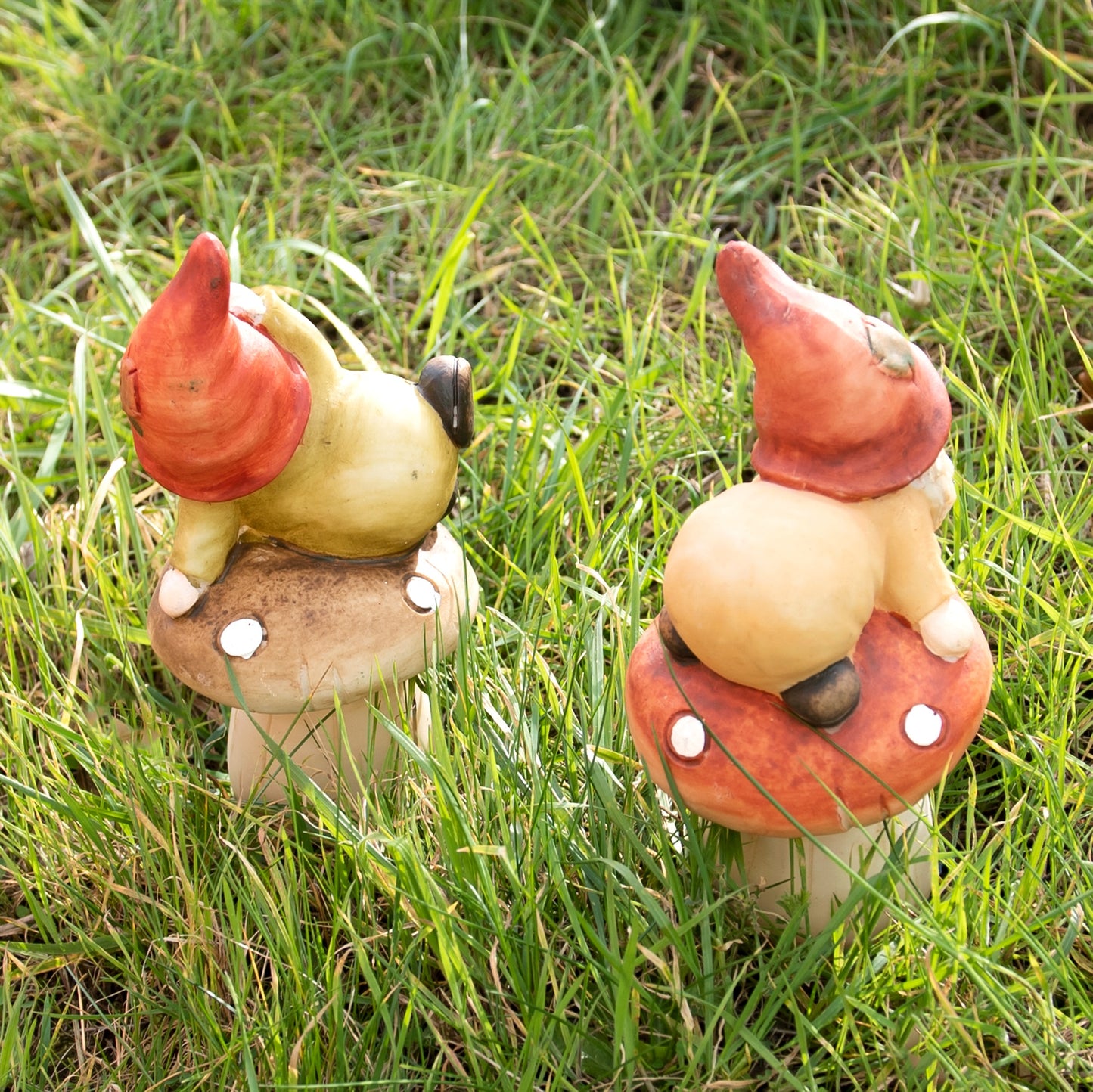 Set of 2 Gnome Gonks on Mushrooms Garden Ornaments