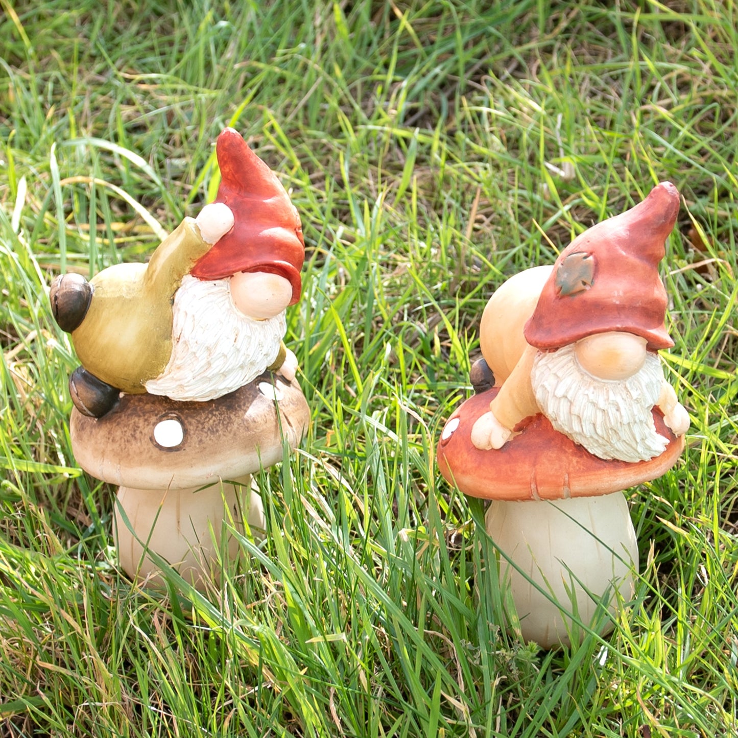Set of 2 Gnome Gonks on Mushrooms Garden Ornaments