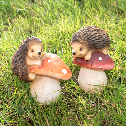 2 x Small Hedgehogs on Toadstools Garden Ornaments