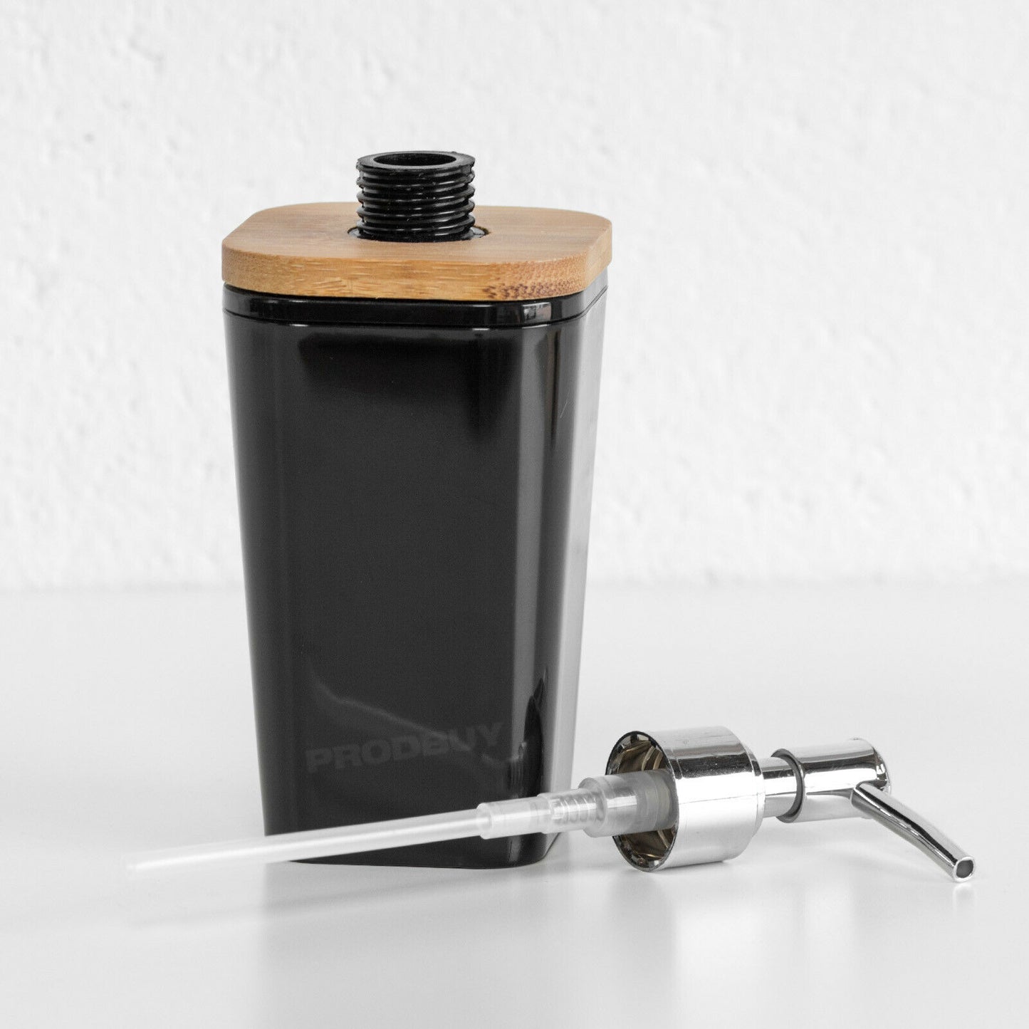 4 Piece Bathroom Accessories Set - Black Plastic with Bamboo Trim