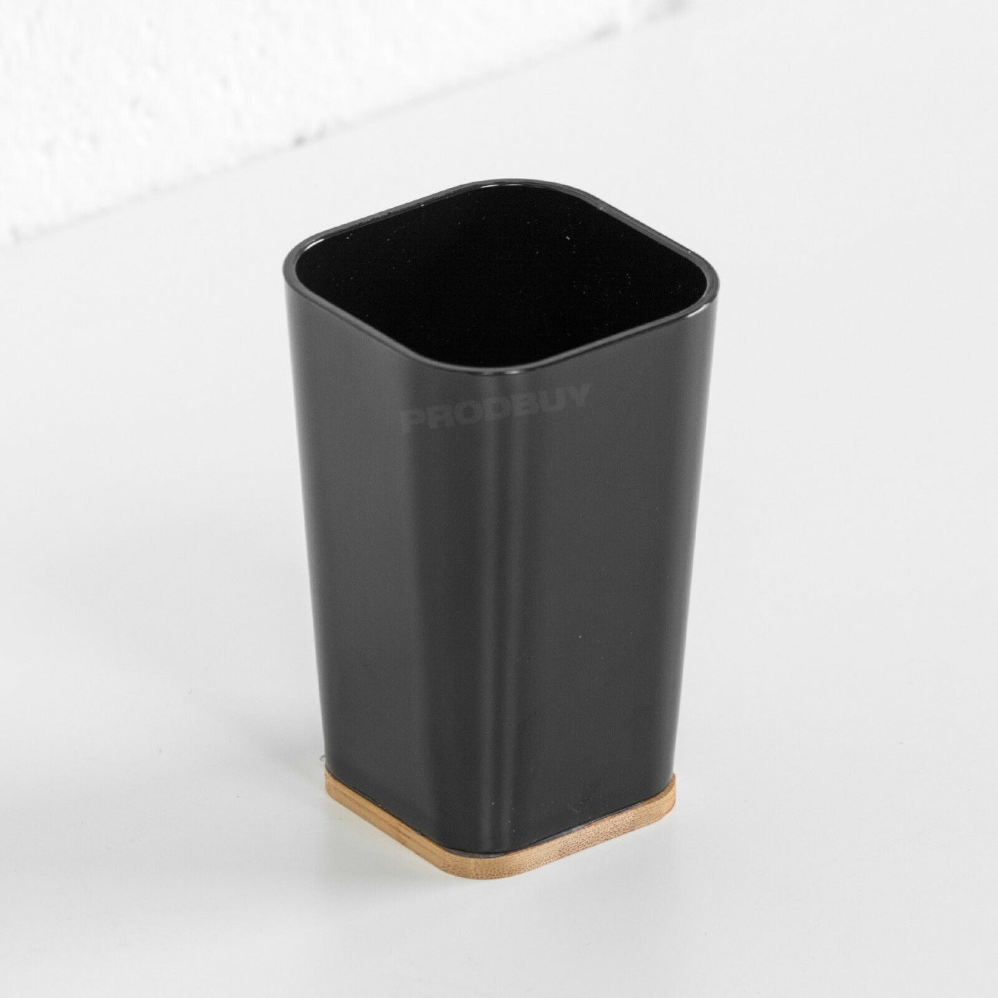 4 Piece Bathroom Accessories Set - Black Plastic with Bamboo Trim