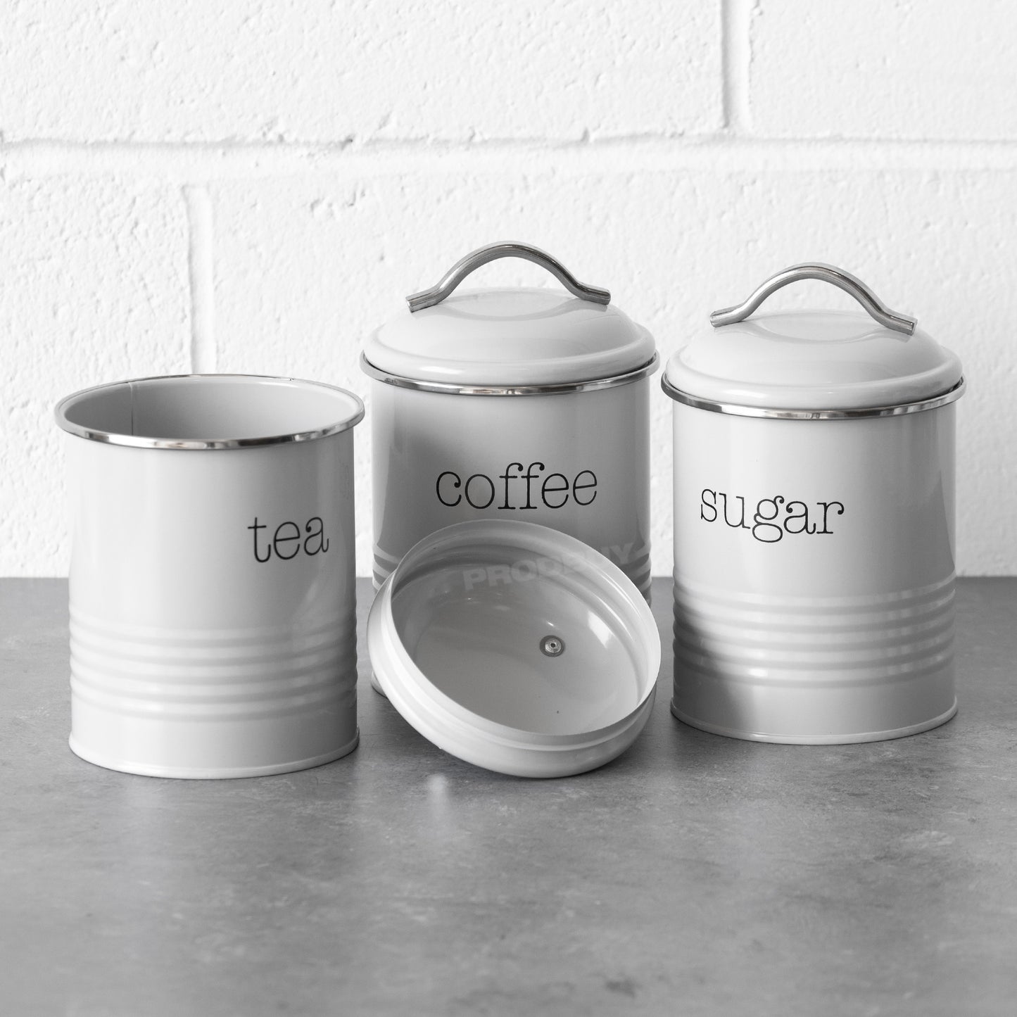 Set of 3 Retro Grey Tea Coffee Sugar Storage Tins