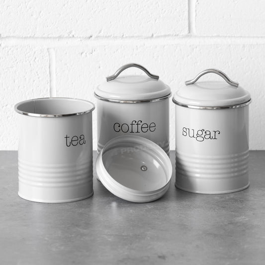 Set of 3 Retro Grey Tea Coffee Sugar Storage Tins