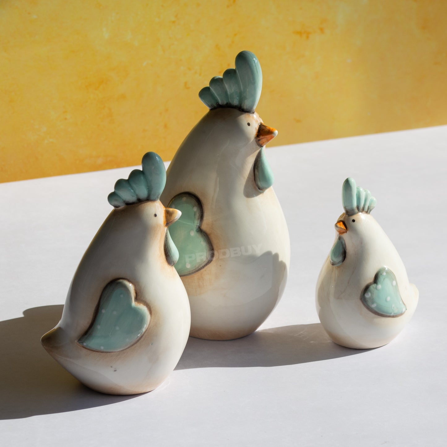 Set of 3 Ceramic Chicken Decorative Ornaments with Love Heart Wings