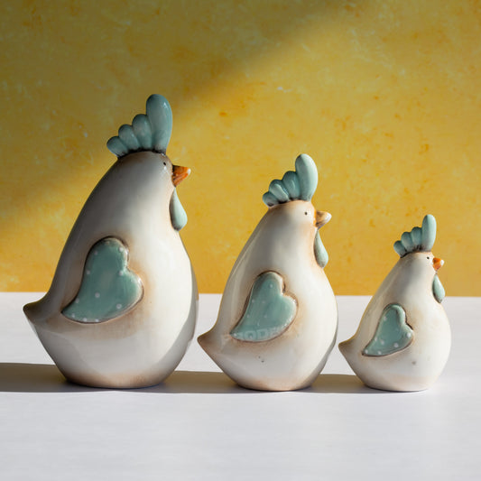 Set of 3 Ceramic Chicken Decorative Ornaments with Love Heart Wings