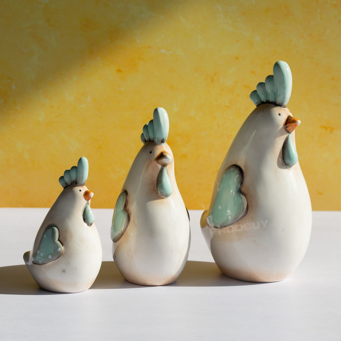 Set of 3 Ceramic Chicken Decorative Ornaments with Love Heart Wings