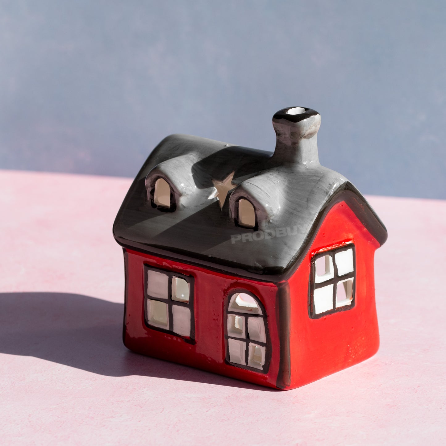 Small Red & Grey House Shaped Ceramic Tea Light Candle Holder