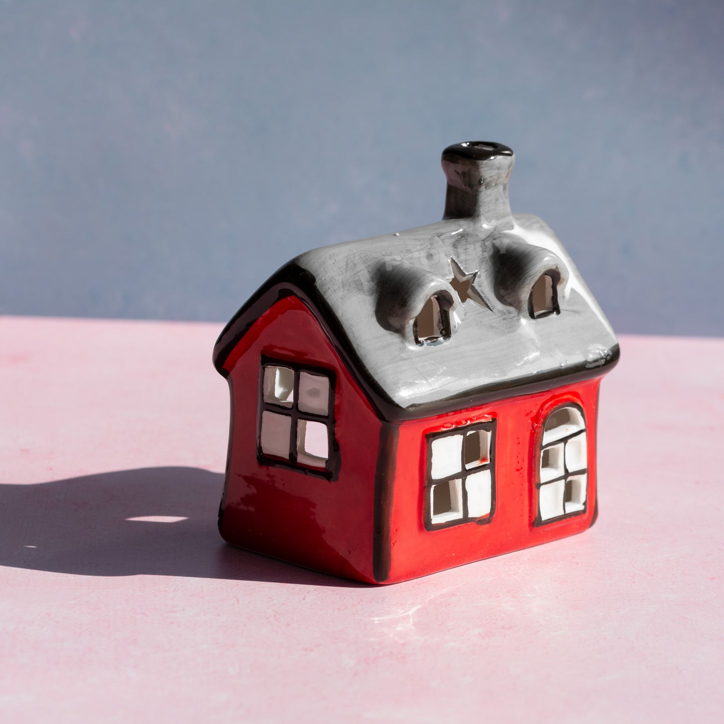 Small Red & Grey House Shaped Ceramic Tea Light Candle Holder