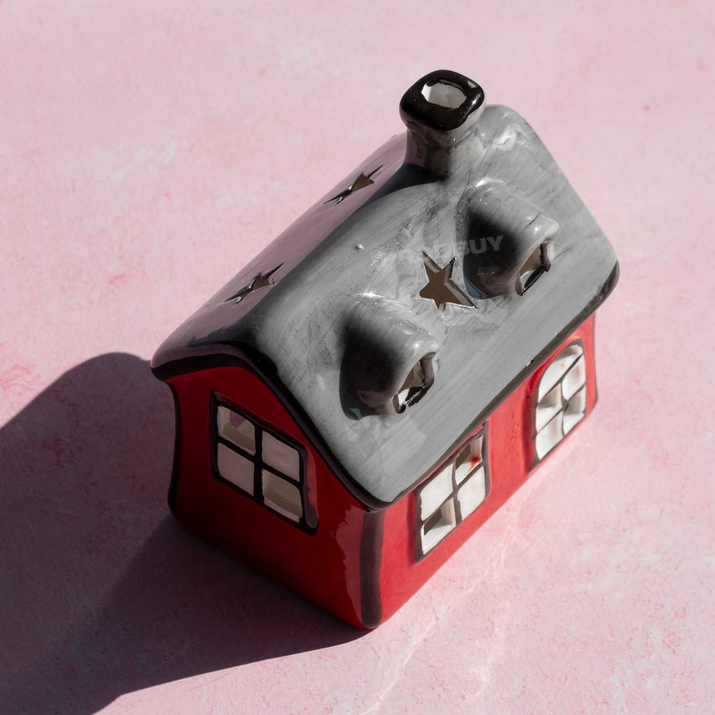 Small Red & Grey House Shaped Ceramic Tea Light Candle Holder