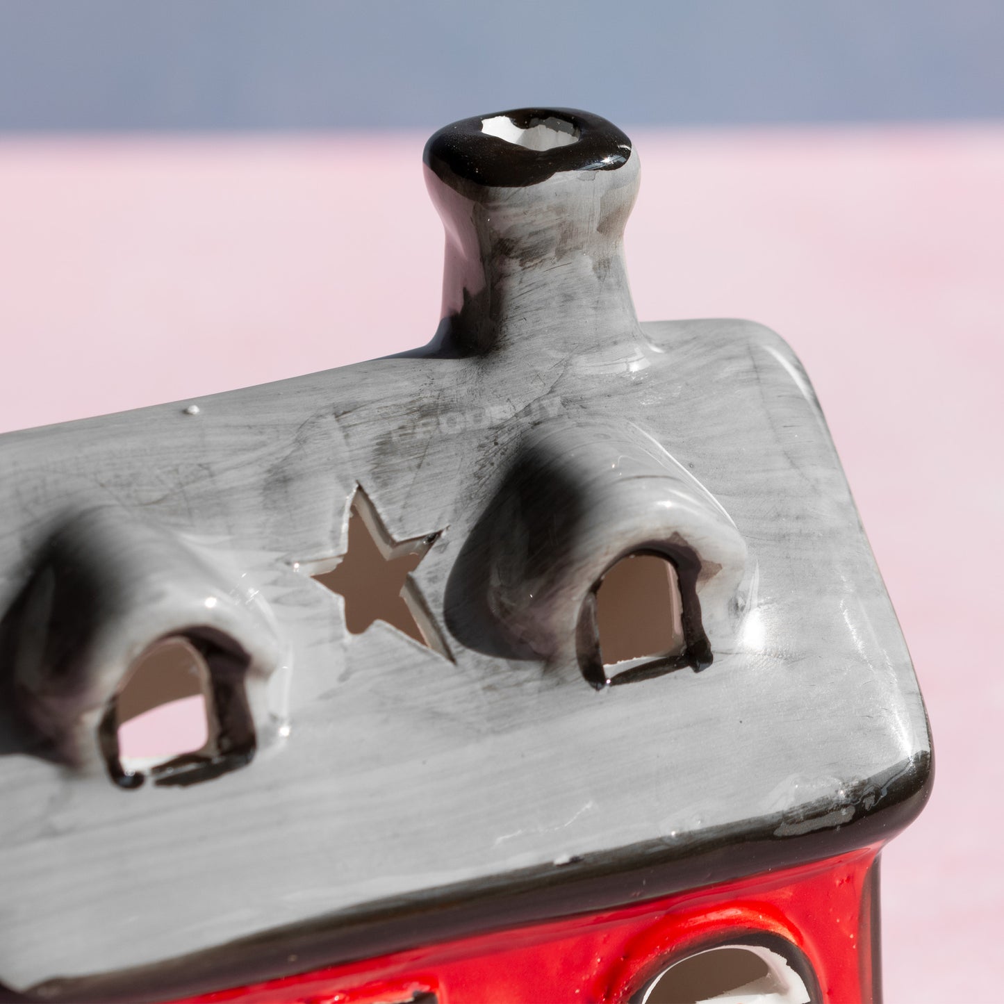 Small Red & Grey House Shaped Ceramic Tea Light Candle Holder