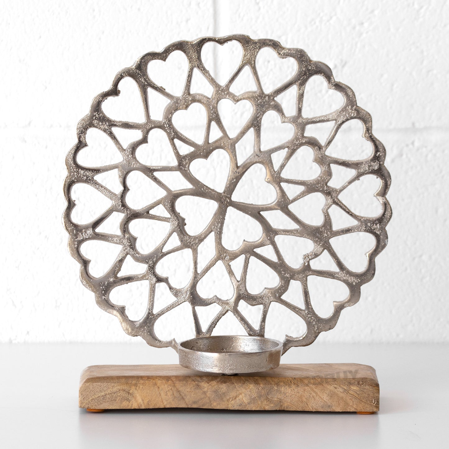 Silver Hearts Mango Wood Base Candle Holder