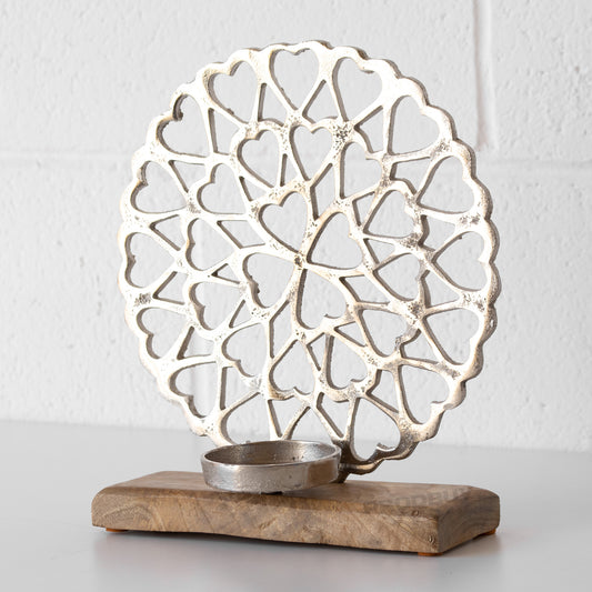 Silver Hearts Mango Wood Base Candle Holder