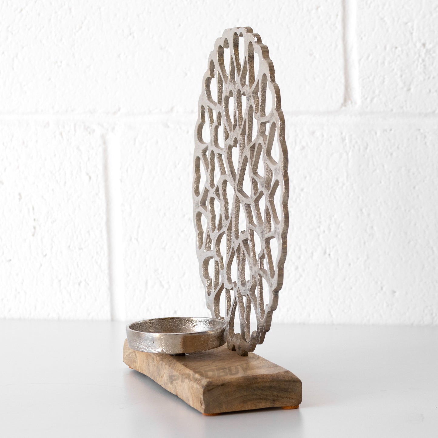 Silver Hearts Mango Wood Base Candle Holder