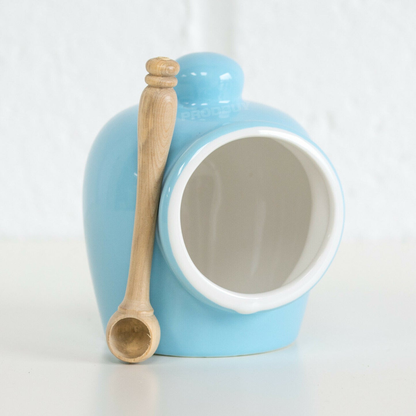 Small Blue Salt Pig with Wooden Spoon