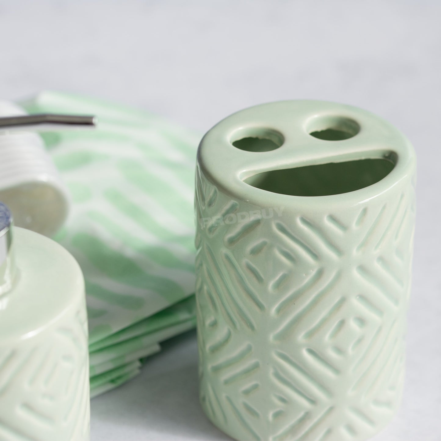 Bathroom Accessories Set - Lotion Dispenser / Toothbrush Holder / Shower Curtain