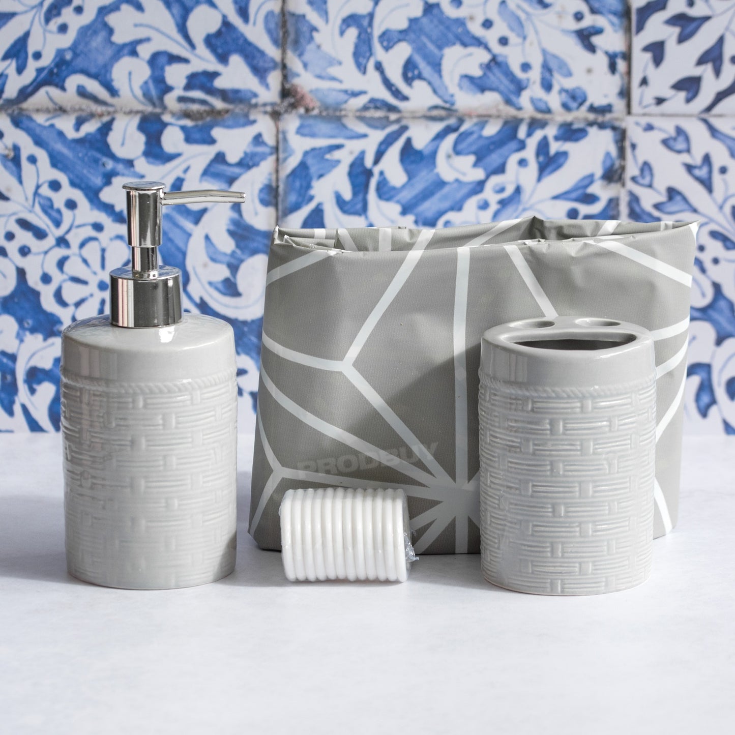 Bathroom Accessories Set - Lotion Dispenser / Toothbrush Holder / Shower Curtain
