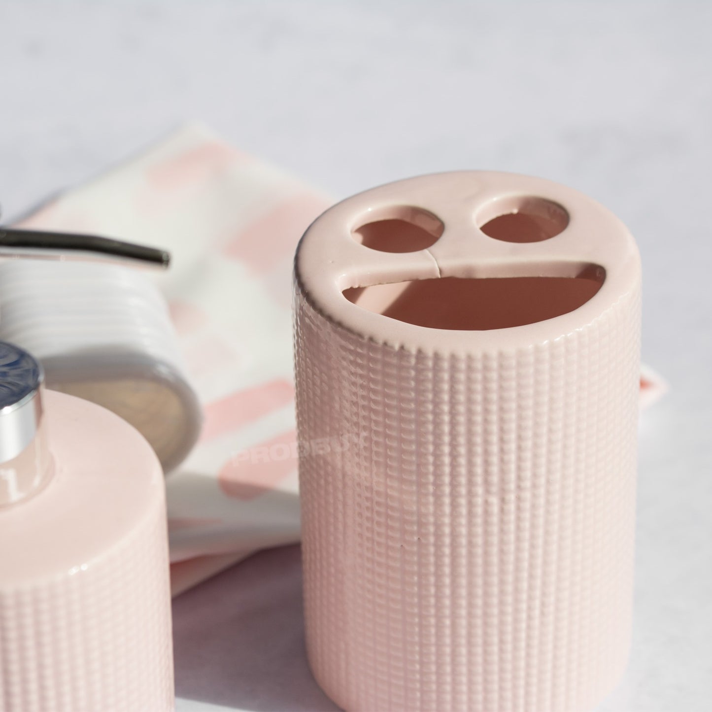 Bathroom Accessories Set - Lotion Dispenser / Toothbrush Holder / Shower Curtain