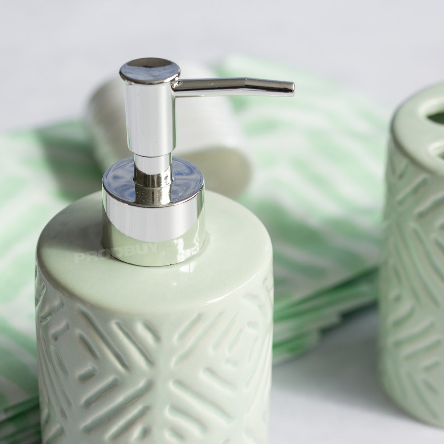 Bathroom Accessories Set - Lotion Dispenser / Toothbrush Holder / Shower Curtain