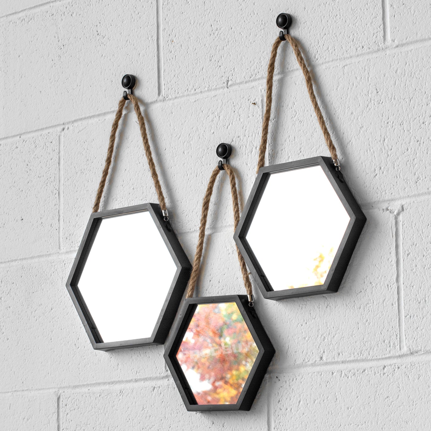 Set of 3 Small Hexagonal Black Rope Wall Mirrors