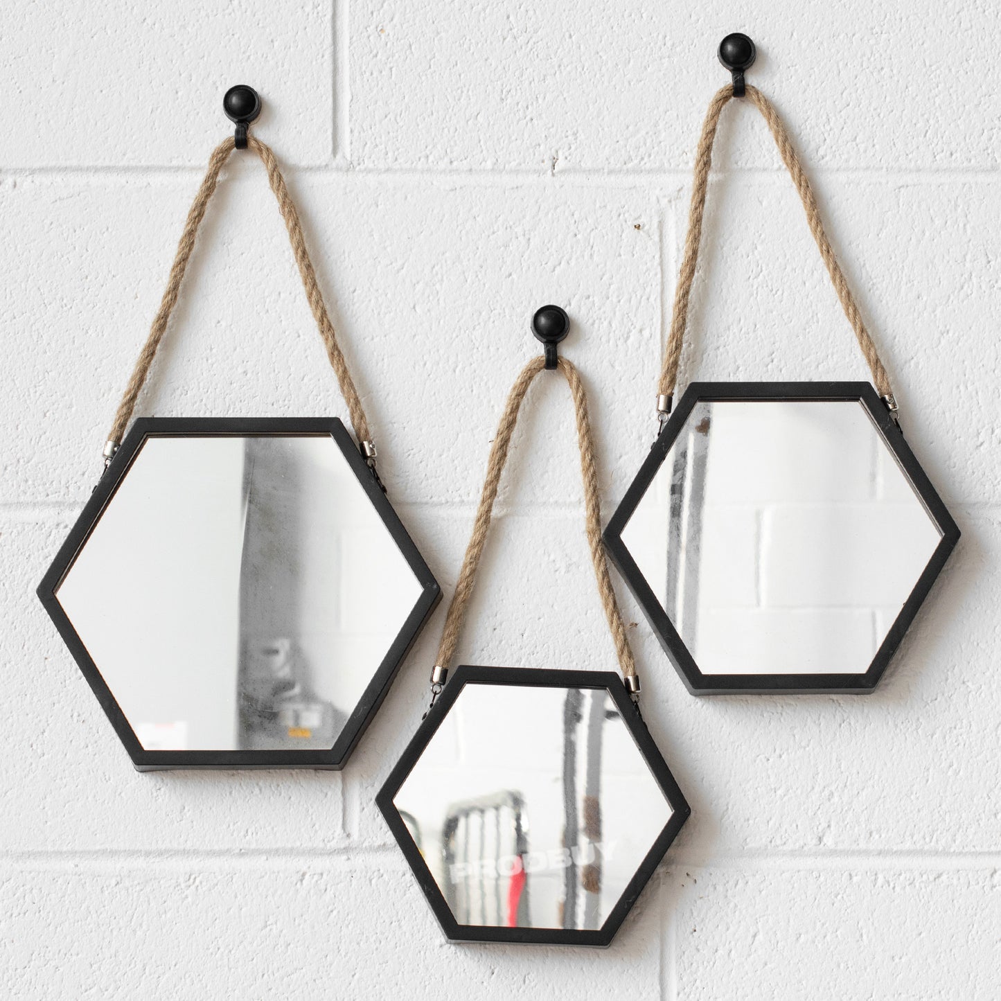 Set of 3 Small Hexagonal Black Rope Wall Mirrors