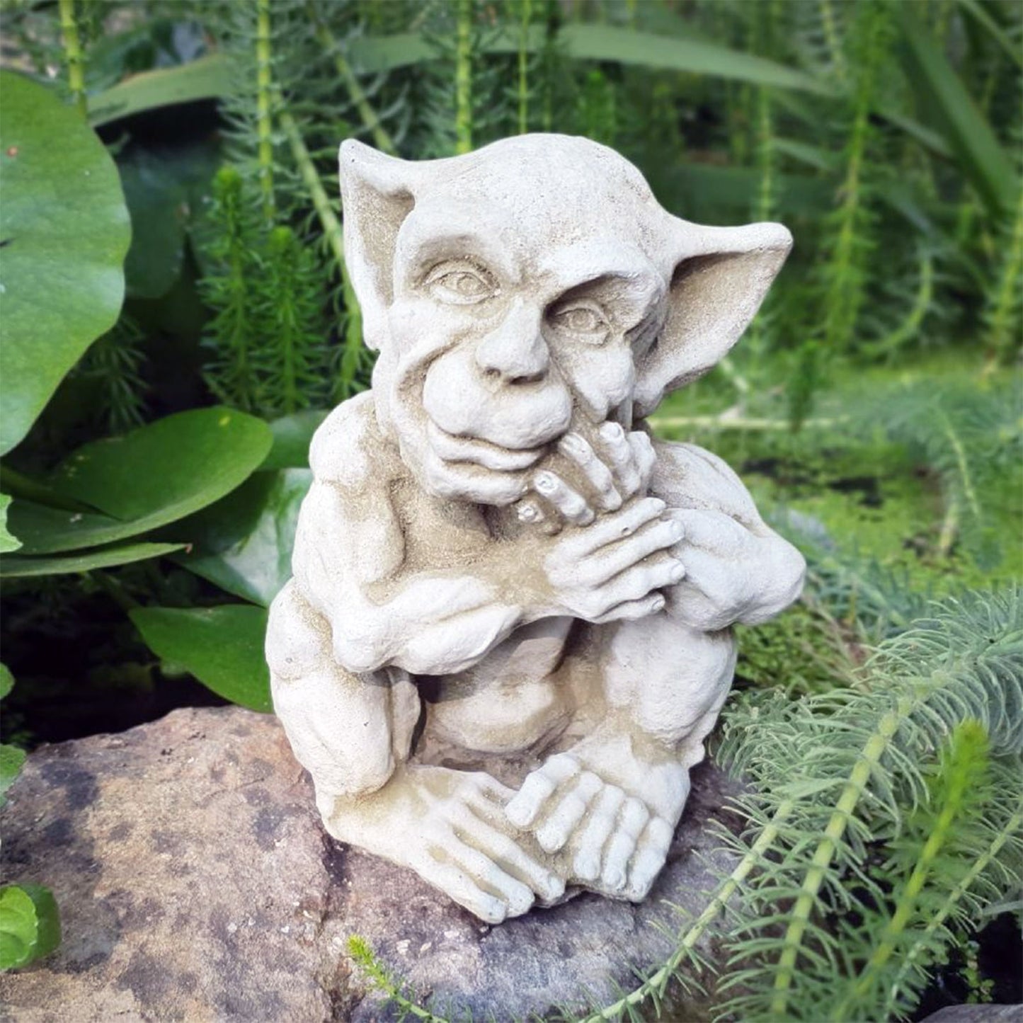 Smiling Sprite Statue Hand on Chin Stone Concrete Gothic Garden Devil Ornament