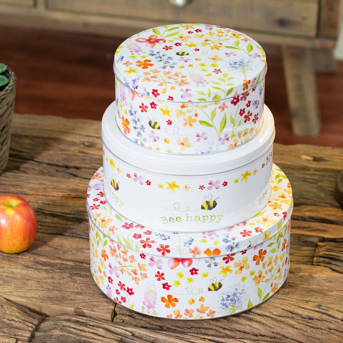 Set of 3 Bee Happy Round Floral Cake Storage Tins