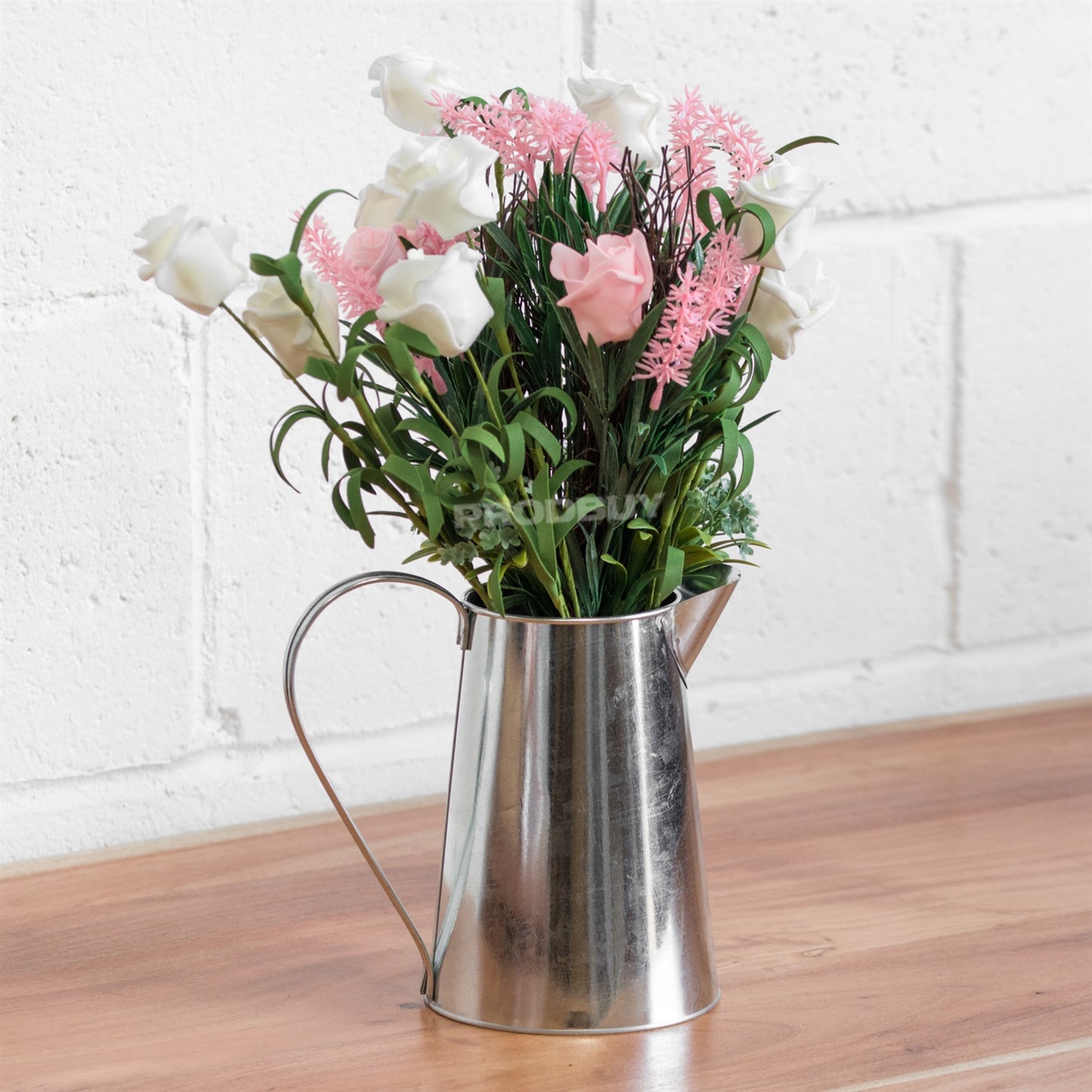 Indoor Artificial Bouquet Roses Flowers in Metal Heart Jug Vase Pot Wedding Home