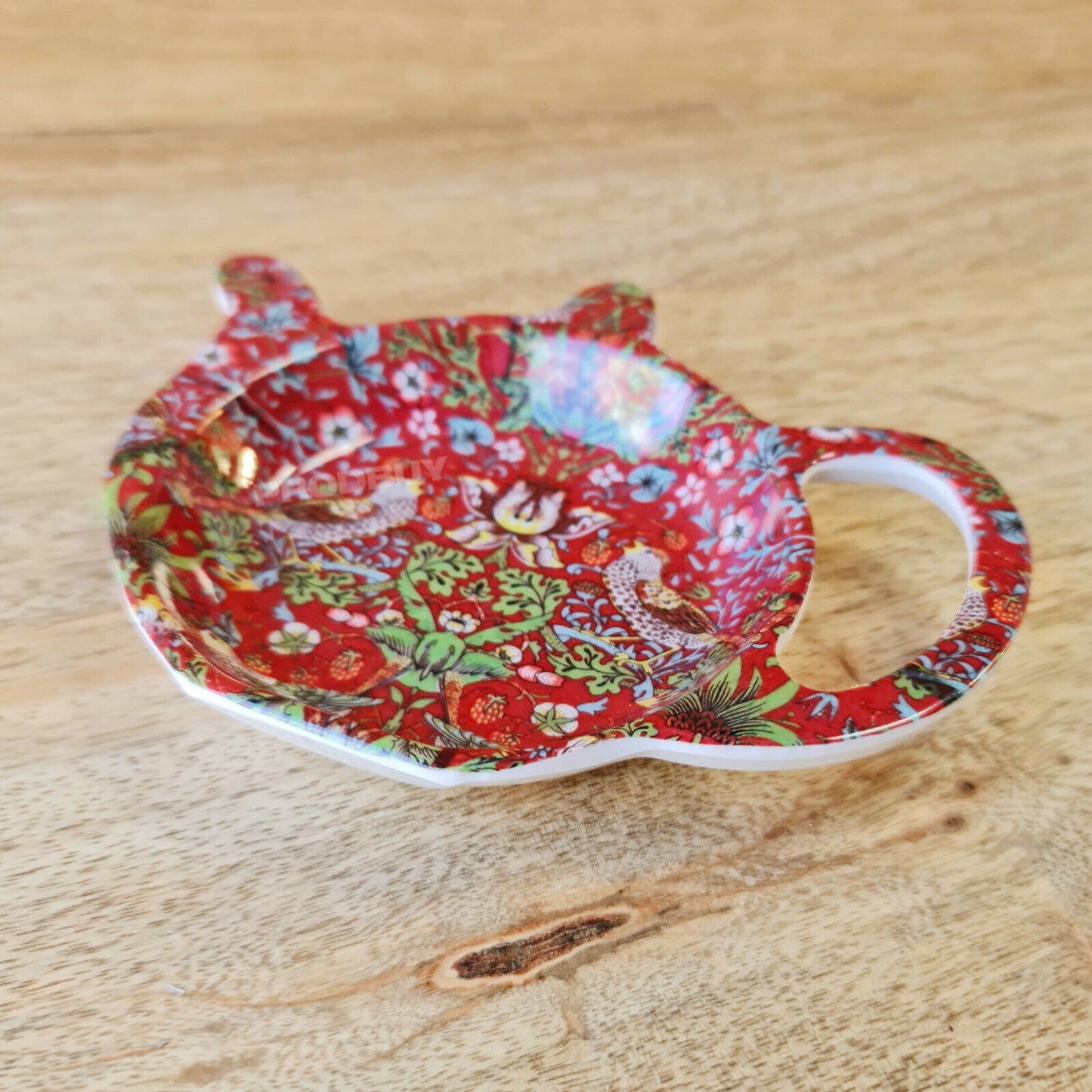 2 Piece William Morris Strawberry Thief Red Vintage Floral Melamine Tea Bag Tidy Spoon Rest Set