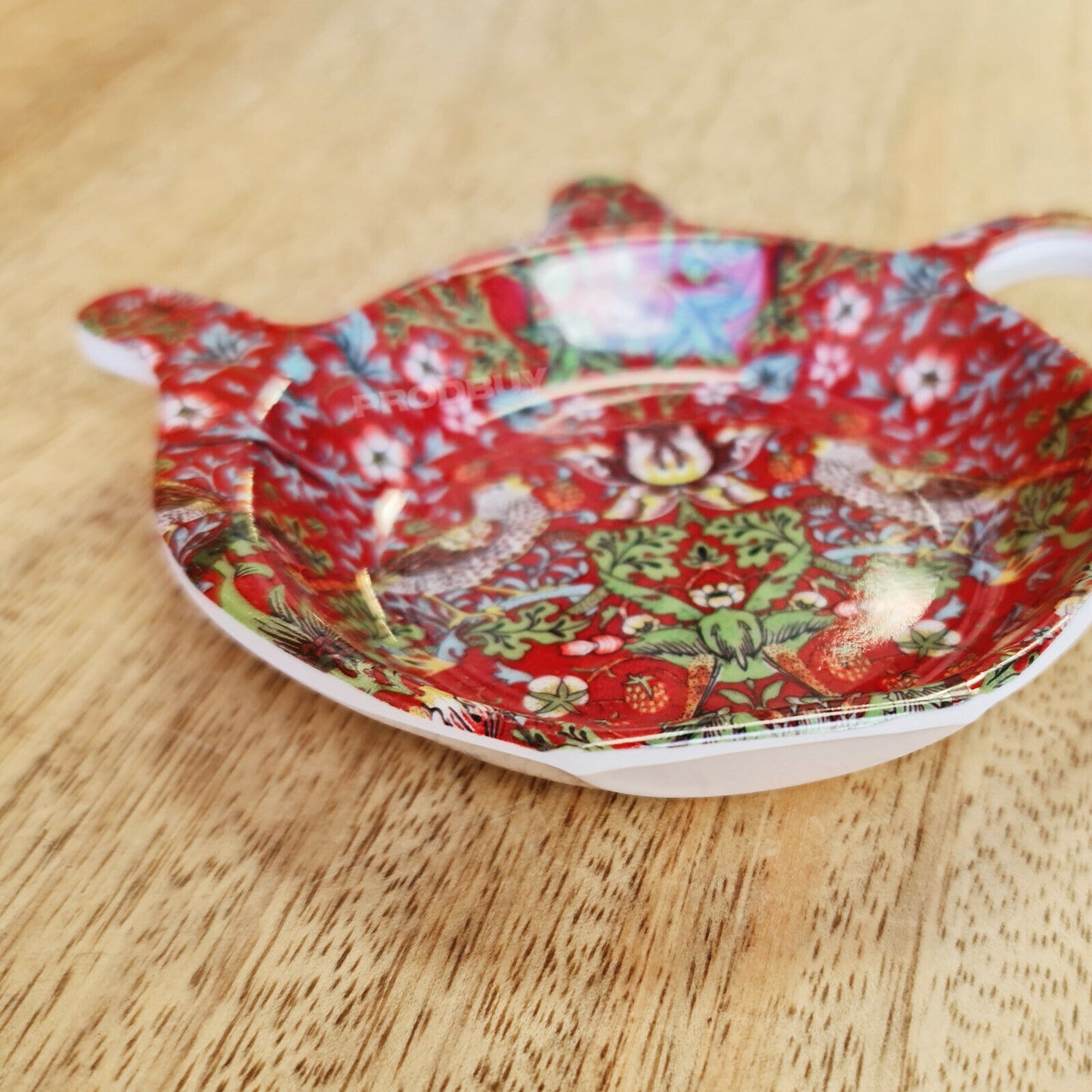 2 Piece William Morris Strawberry Thief Red Vintage Floral Melamine Tea Bag Tidy Spoon Rest Set