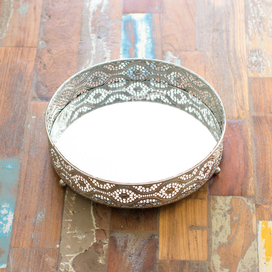 Silver Round 8" Mirror Glass Candle Plate Tray