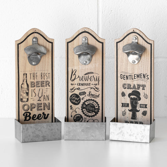 Wall Mounted Wooden Beer Bottle Opener with Cap Collector