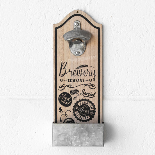 Wall Mounted Wooden Beer Bottle Opener with Cap Collector