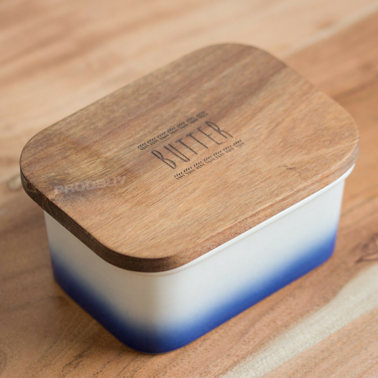 Blue Ombere Glaze Butter Storage Dish Wood Lid Covered Dining Table Serving Bowl