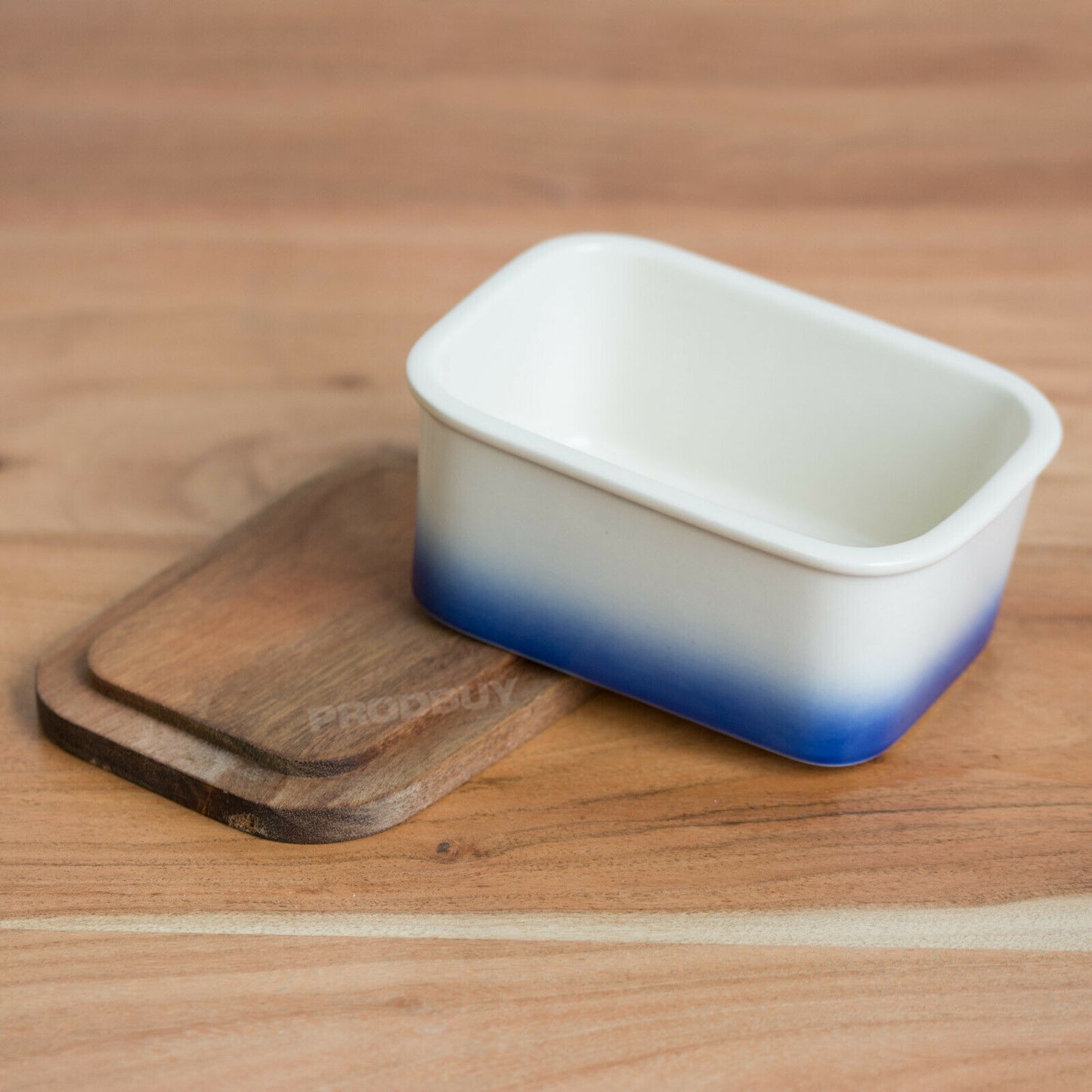 Blue Ombere Glaze Butter Storage Dish Wood Lid Covered Dining Table Serving Bowl