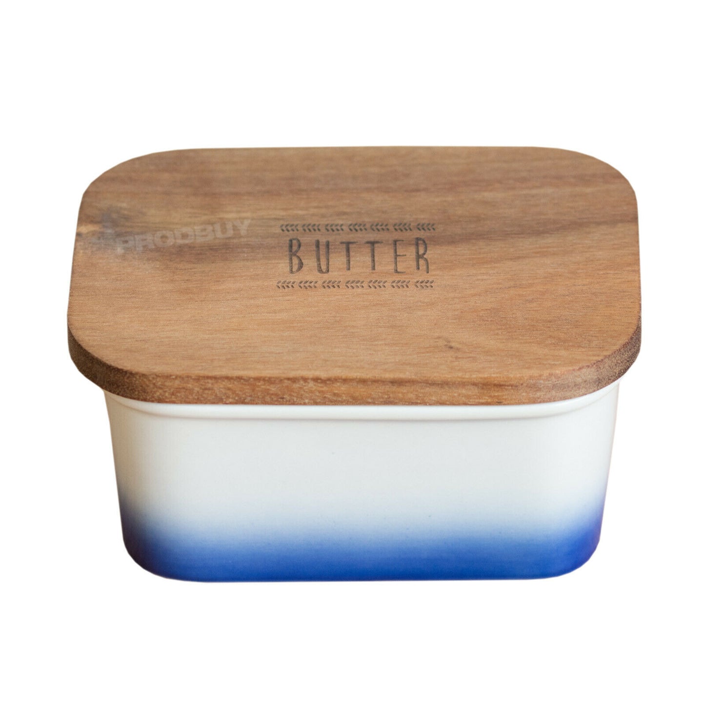 Blue Ombere Glaze Butter Storage Dish Wood Lid Covered Dining Table Serving Bowl